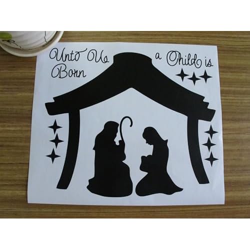 Large Christmas Nativity Scene Wall Decor Stickers Unto Us a Child is Born Nativity Vinyl Wall Decal - Christian Decor Mural YA296 (Black)