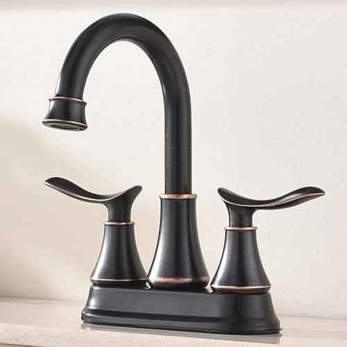KINGO Bathroom Faucets for Sink 3 Hole, 2 Handle 4 inch Oil Rubbed Bronze Bathroom Sink Faucet with Pop-up Drain and Supply Hoses, Stainless Steel Lead-Free Centerset Faucets for Vanity RV, 2 Pack