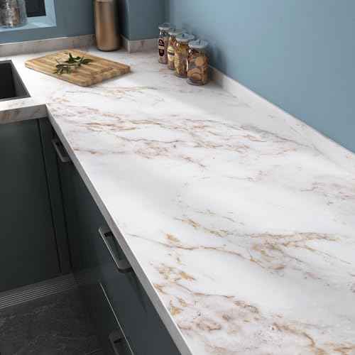 Wallercity White/Gold Marble Contact Paper for Countertops Matte Peel and Stick Granite Wallpaper for Cabinets Drawers Vinyl Self Adhesive Wallpaper for Bathroom Kitchen Backsplash Table 15.8''x78.7''
