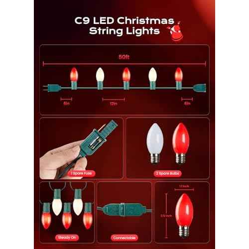C9 LED Christmas Lights Outdoor, 50 FT 50 Red and Warm White Connectable C9 String Lights for Christmas Tree Patio Roofline Garden Backyard Holiday Party Indoor Outdoor Decoration, Green Wire