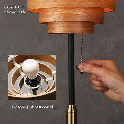 O'Bright Cascade Floor Lamp ? Modern Wooden Layered Lampshade, E26 Socket, Pull Chain Switch, Metal Base, Standing Lamp for Living Room, Bedroom, Office, Black