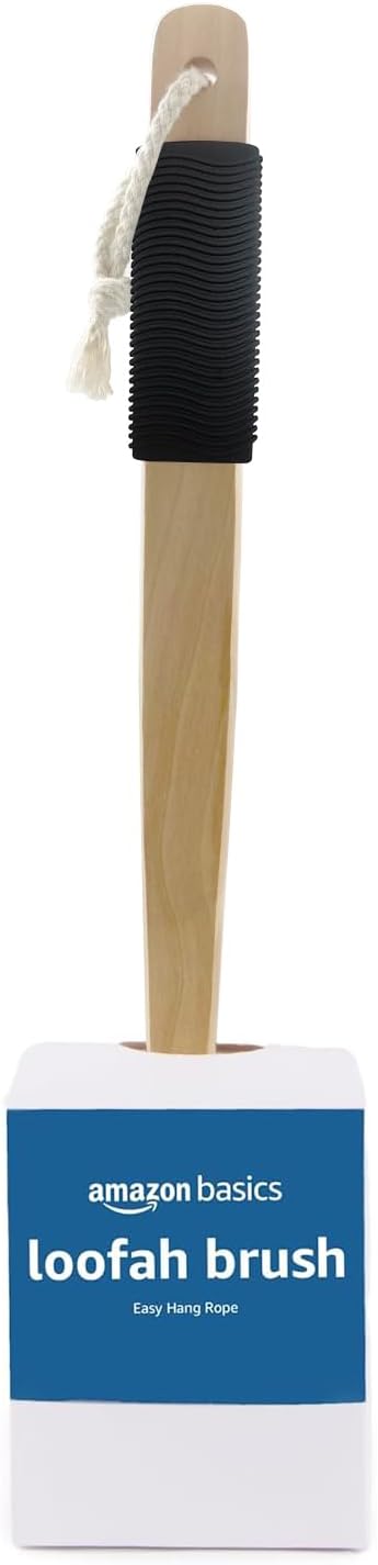 Amazon Basics Exfoliating Loofah Brush, Body Scrubber with Rubber Handle for Shower, Bath Sponge