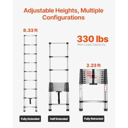 VEVOR Telescoping Ladder, 8.5ft Stainless Steel Lightweight Extension Ladder, Multi-Button Retraction Collapsible Ladders, 330LBS Capacity & Non-Slip Feet, Portable 9-Step Ladders for Home, RV, Loft