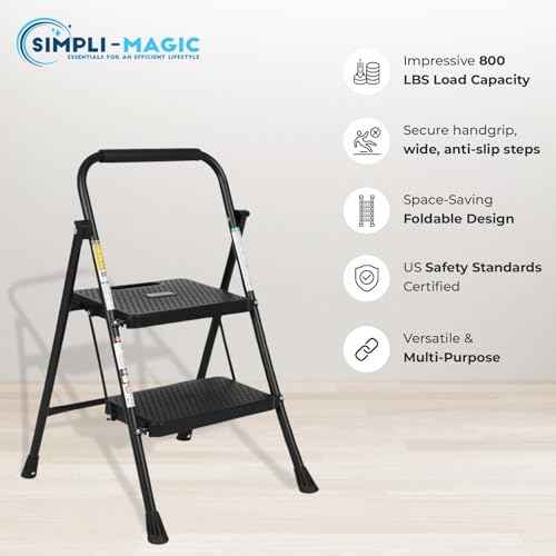 SIMPLI-MAGIC 2-Step Ladder, 800 LBS Capacity Folding Step Stool ? Anti-Slip Wide Steps & Handgrip ? ANSI Certified Lightweight & Durable Steel Stepping Stool for Kitchen, Home, Office & Garage