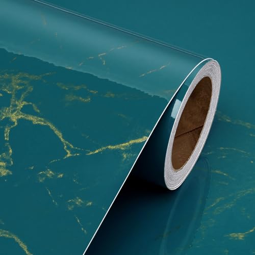 Livelynine Teal and Gold Contact Paper Marble Wallpaper Peel and Stick Countertops Waterproof Kitchen Vinyl Wrap Blue Desk Cover 15.8x78.8 Renter Friendly Counter Top Covers Heat Resistant Bathroom