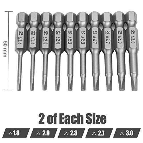 Triangle Drill Bit Set (10pcs- 2" Long S2 Steel Magnetic Heads) 1/4 Inch Hex Shank Triangle Screwdriver Bits Sizes 1.8mm, 2mm, 2.3mm, 2.7mm, 3mm (2 of Each Size)