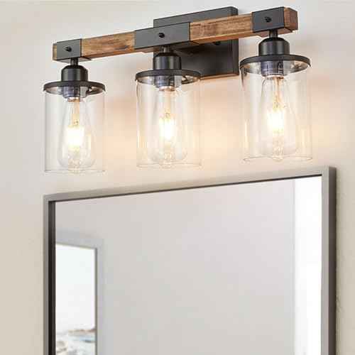 3-Light Bathroom Light Fixtures, Farmhouse Bathroom Vanity Light Rustic Wood Industrial Vintage Black Small Wall Light Sconce Lamp Over Mirror with Clear Glass Shade for Bedroom