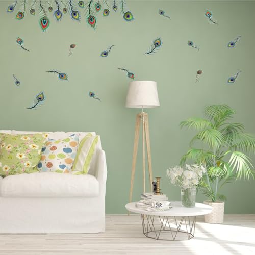 PLIGREAT 9 Pcs Peacock Eyes Feathers Wall Stickers, Removable Vinyl Peel and Stick Wall Decals for Living Room Bedroom Office Home Indoor DIY Wall Art Decor TV Background Wall Decoration