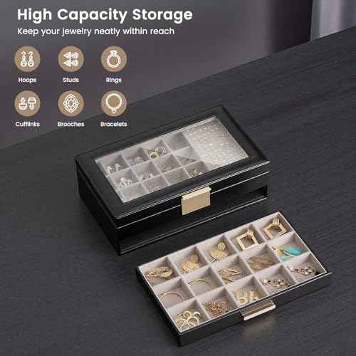 Lolalet Earring Storage Box Case, Large Earring Jewelry Holder Organizer for Women, Glass Top Display, with Drawer and Grid -2 Tiers£¬Black