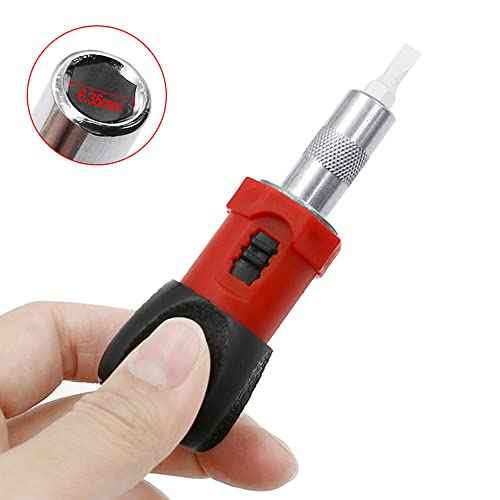2 Pack Stubby Ratcheting Screwdriver Short Mini Ratchet Wrench Pocket Key with L R Switch Screw Bit Driver Holder Magnetic 1/4 Hex Socket 75mm Anti-slip Handle