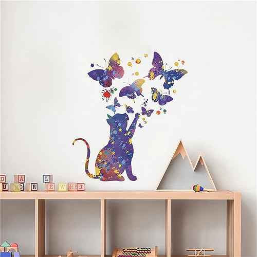Fantasy Starry Sky Cat Butterfly Wall Stickers,sacinora Cartoon Kitten Animal Wall Decals Removable Vinyl Peel and Stick for Living Room Nursery Children's Room Bedroom Art Decorations