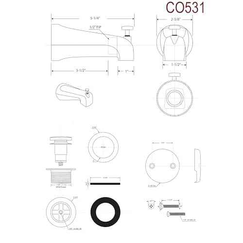 Westbrass CO531-62 5-1/4" Front Diverter Tub Spout with Tip-Toe Drain and 2-Hole Overflow Trim, Matte Black