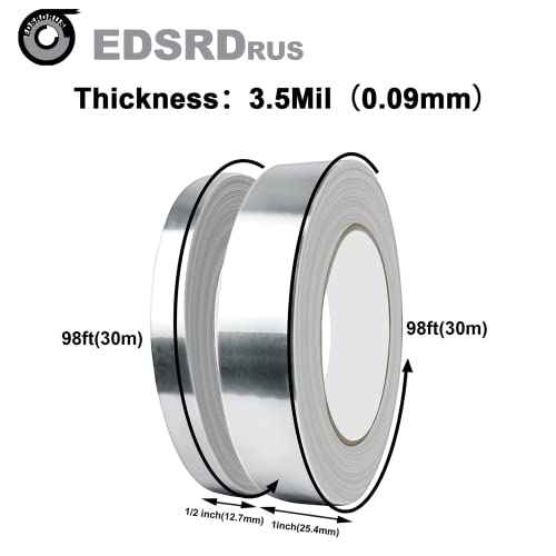 EDSRDRUS 1/2in x 98ft & 1in x 98ft (3.5mil) Aluminum Tape Heavy Duty Reflective Duct Tape Resists Flame Foil Tape for HVAC Hot & Cold, Duct Sealing, Metal Repair (Total 196ft)