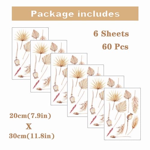 6 Sheets 60 Pcs Wheat Ear of Wheat Peacock Feathers Wall Stickers, sacinora Yellowish Maple Leaf DIY Natural Wall Decals Removable Vinyl Peel and Stick for Living Room Bedroom Art Home Decor