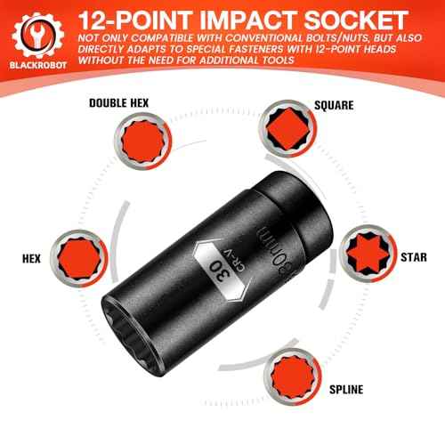 BLACKROBOT 30 mm 12-Point Deep Impact Socket, 1/2 Inch Drive, Metric, Cr-V Steel With Black Manganese Phosphate Coating