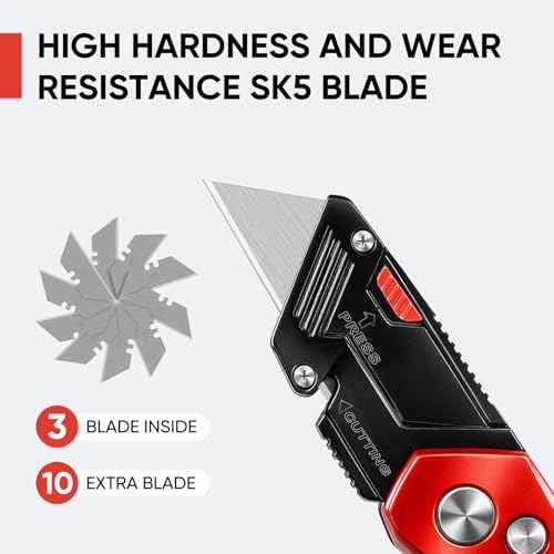 STEELITE Utility Knife Folding, Box Cutter Heavy Duty Metal, Quick Open Botton Lock Razor Knife for Cartons, Rapes, Leather and Cardboard, Blades Storage Design with 10 Extra Blade, Red