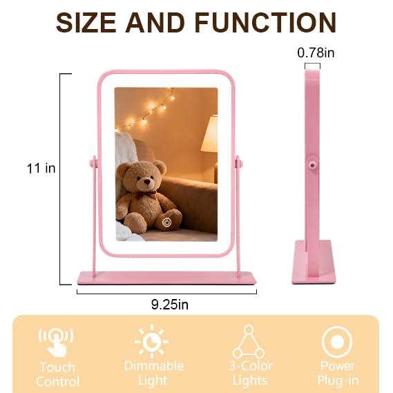 YEKKOPT Portable Desk Vanity Mirror with Lights,11"ÃÂ9" Small Pink Rechargeable Makeup Mirror with Lights,Smart Touch Screen with 3-Color Lighting,Dimmable,for Dorm Tabletop,Bedroom,Decor