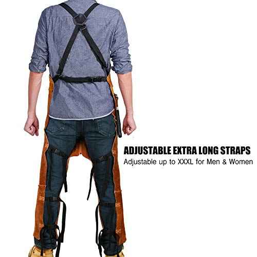 QeeLink Leather Welding Apron Split Leg for Men - Spark Flame Heat Resistant Bib Protective Chaps - Heavy Duty Cowhide Pants