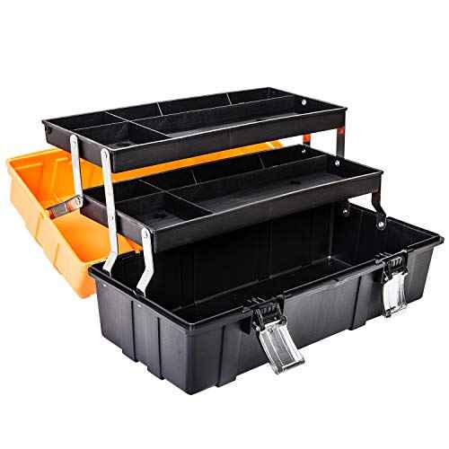 BIG RED ATRJH-3430B Torin 17" Plastic 3-Layer Multi-Function Storage Tool Box with Tray and Dividers, Black/Orange