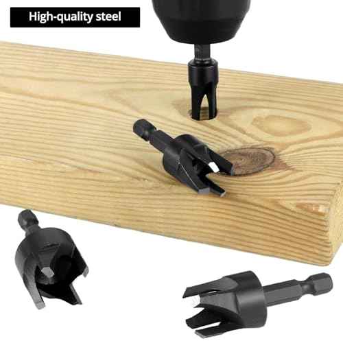 QWORK Wood Plug Cutter Drill Bit Set, 8Pcs, Includes 1/4", 5/16", 3/8", 1/2" Sizes, 1/4 Inch Hex Shank