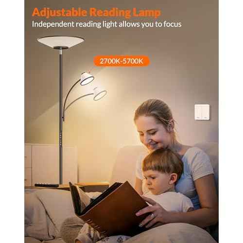 LEPOWER-TEC Bright Floor Lamp, Standing Lamp with Remote & Wall Switch, 60 Lighting Effects, Adjustable Torchiere Corner Light for Living Room, Bedroom, Office. Perfect for Reading & Ambiance