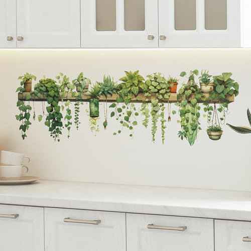 Nature Green Plants Peel and Stick Wall Decals Wallpaper, Removable Wall Decals Shelves Green Plants Vinyl Art Wall Stickers & Murals for Living Room Kitchen Bathroom Decoration (A-Green)