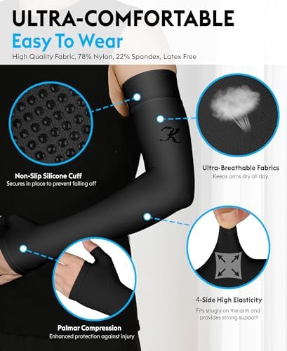 KEKING Lymphedema Compression Arm Sleeve with Gauntlet for Women Men, 20-30 mmHg Medical Graduated Compression Arm Brace, Full Arm Support Brace for Pain Relief, Arthritis, Swelling, Single Black XXL