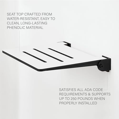 Seachrome 18 inch Silhouette Slimline Folding Wall Mount Shower Bench Seat, White Seat with Matte Black Frame