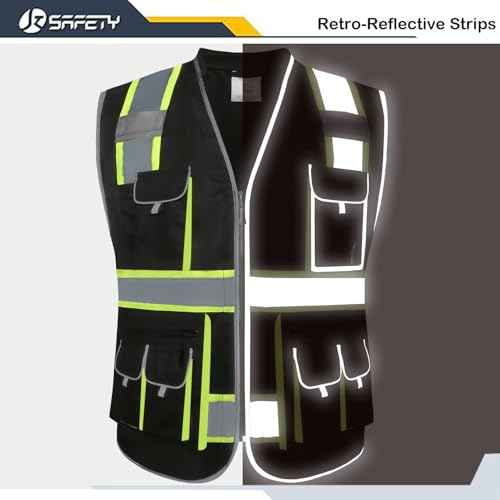 JKSafety 10 Pockets Hi-Vis Zipper Front Black Safety Vest | Cushioned Collar | High Reflective Tapes with Extended Neon Yellow Strips | Meets ANSI/ISEA Standards (X-Large, 89-Black)