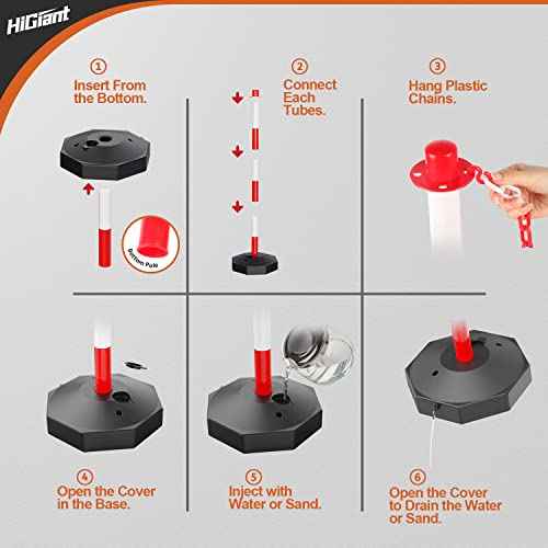 HiGiant 2 Pack Portable Delineator Post Cones with Fillable Base, Expandable Traffic Safety Barriers, 8Ft Chain Stanchion for Parking and Construction [Red/White]