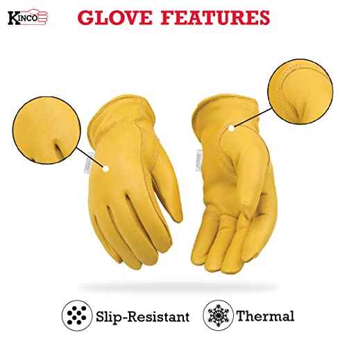Kinco - Women's Golden Full Grain Deerskin, Shirred Elastic Wrist, Keystone Thumb Design Heatkeep Thermal Insulation, Large