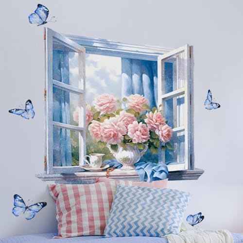 Fake Window Wall Decals - Peel and Stick Flower & Butterflies Vinyl Wall Sticker Murals for Living Room Bedroom Office Wall Decor 20.47"x22.44"