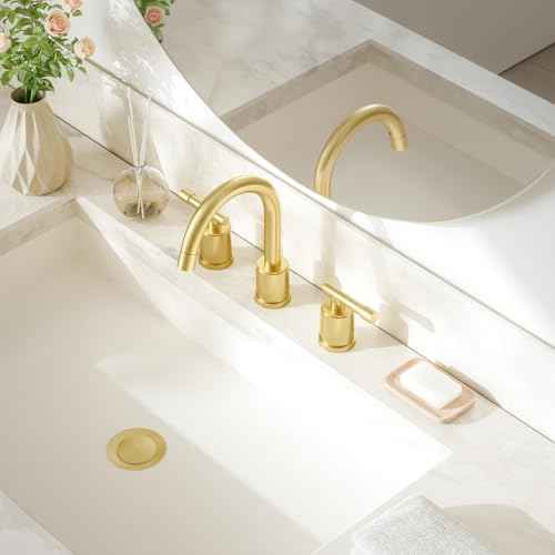 Phiestina Brushed Gold Bathroom Faucet Pull Down- 8 Inch Widespread 3-Hole with Pull-Out Sprayer,Lead-Free Stainless Steel,Metal Pop-Up Drain,Water Supply Lines,2 Handles,WFZY01CL-BG