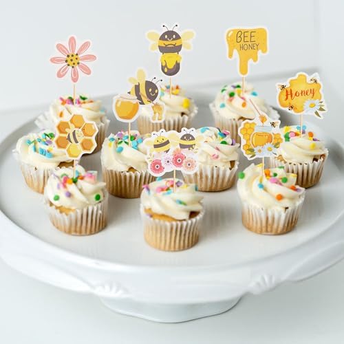 Arthsdite 24Pcs Bumble Bee Cupcake Toppers Flower Sweet Bee Honeycomb Cupcake Picks Flower Oh Babee Cake Picks for Bee theme Baby Shower Kids Boys Girls Birthday Party Cake Decorations Supplies
