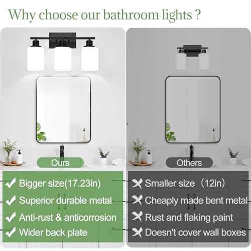 3-Light Bathroom Light Fixtures, Vanity Light with Milky White Shades, Matte Black Bathroom Light Fixtures Over Mirror, Modern Bathroom Wall Lamp for Mirror Living Room Cabinet Bedroom