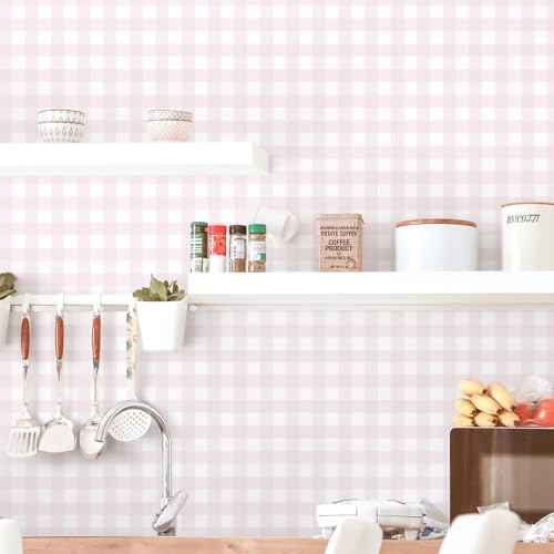 Cohoo Home Pink Plaid Peel and Stick Wallpaper Boho Plaid Contact Paper for Cabinets Pink Checkered Geinham Contact Paper Self Adhesive Removable Wallpaper Bathroom Nursery Waterproof 17.3inW 78.7inL
