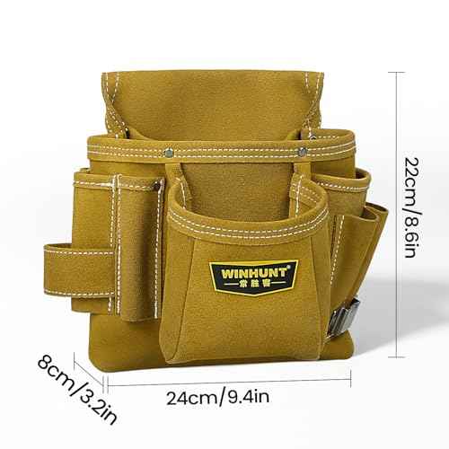 Leather Tool Pouch, Multiple Pockets, Tan Suede Construction, Professional Carpenter Utility Bag