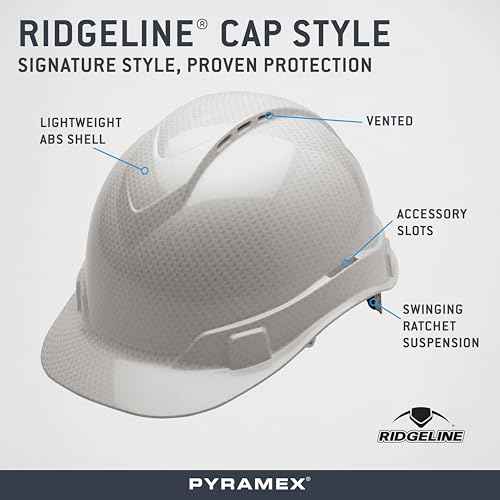 PYRAMEX Ridgeline Cap Style Hard Hat, Vented, 4-Point Ratchet Suspension, Shiny White Graphite Pattern