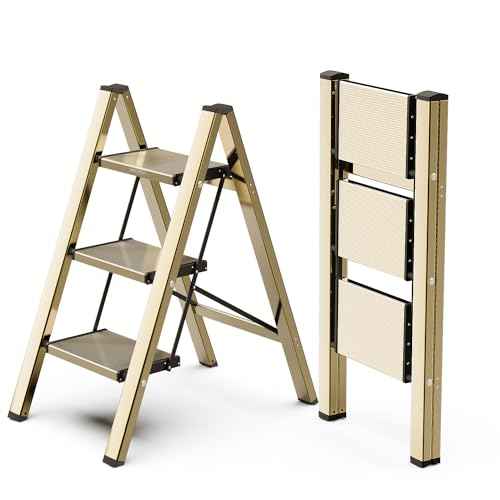 WOA WOA Step Ladder, 3 Step Foldable Step Stool with Widen Pedals, Portable Home Ladders for Kitchen, Lightweight Aluminum Stepladder, Compact Ladder for Space Saving (300lbs, Gold)