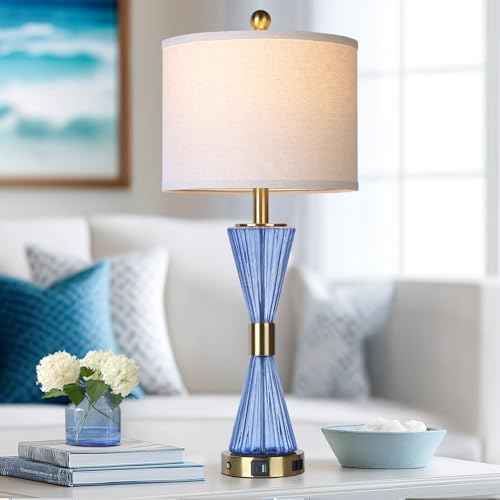 28" Blue Glass Table Lamp Set of 2 with USB C+A Ports and AC Outlet, 3 Way Touch Modern Bedside Lamps for Night Stands, Coastal Nightstand Lamps for Bedroom Living Room