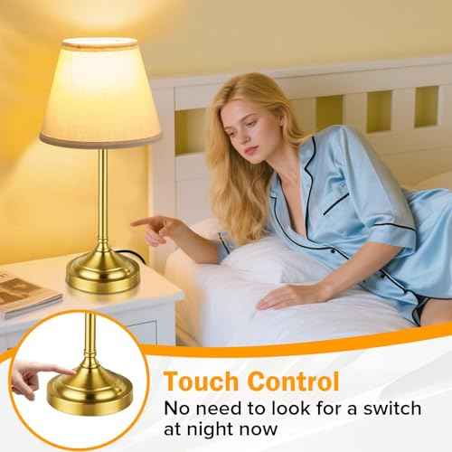 Touch Control Gold Table Lamps Set of 2, 3-Way Dimmable Bedside Lamps with LED Bulbs for Nightstands Bedroom Living Room Office