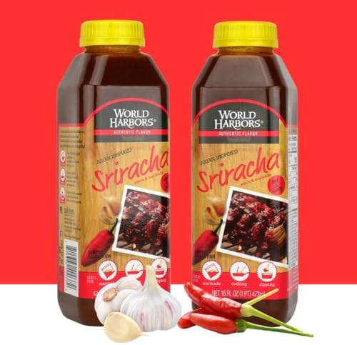 World Harbors Sriracha Hot Sauce & Marinade Perfect for Grilled Meats, Seafood, Dipping, Marinades & Garnishes - Enhance Your Meals with Sriracha Sauce Original Made in USA 16-Fl Oz Bottle (Pack of 2)
