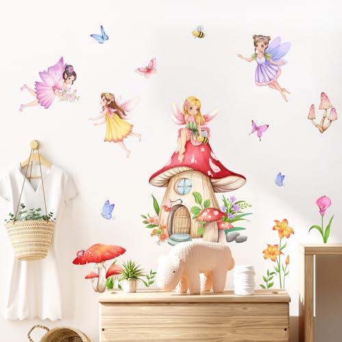 Supzone Mushroom House Fairy Wall Decals Elf Flowers Butterflies Wall Stickers Peel and Stick Vinyl Wall Art Decor for Girls Baby Nursery Bedroom Living Room