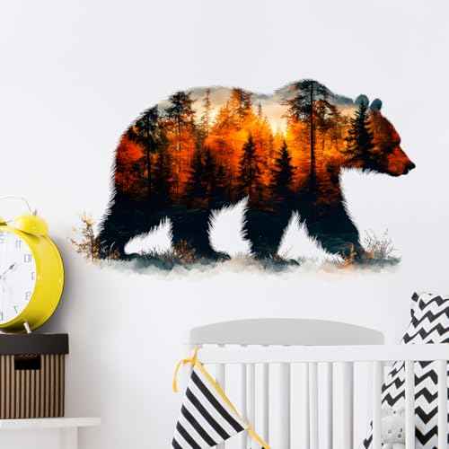 Bear Forest Silhouette Wall Decals Removable Autumn Nature Vinyl Stickers for Nursery Living Room and Bathroom Woodland Decor Peel and Stick Wall Art