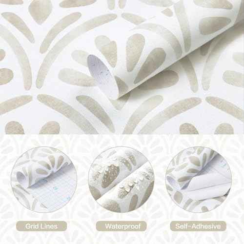 Hopepak Beige Wallpaper Peel and Stick Boho Geometric Sector Contact Paper Watercolor Removable Self-Adhesive Textured Wall Paper for Bedroom Cabinets 17.3"x78.7"