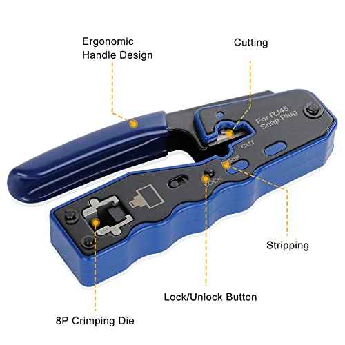 RJ45 Crimp Tool Kit Pass Through Ethernet Cat6 Cat6a Cat5e Crimping Tool with 20PCS Cat6 Pass-Thru Connectors,20 Covers,1 Wire Cutter Plier,1 Mini Wire Stripper and 1 Network Cable Tester