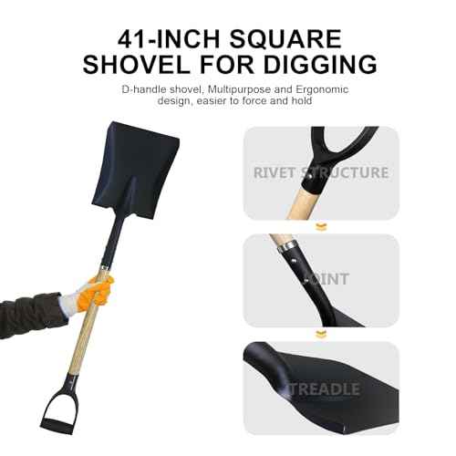 Flat Shovel, Square Shovel for Transfer Snow, 41 inch Long, Durable D Grip, for Farming, Outdoor Works, Gardening, Landscape Works