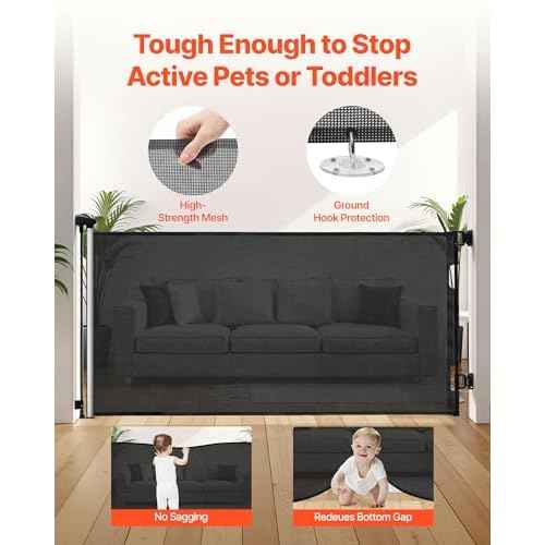 VEVOR Retractable Baby Gate, Extends to 72.8 inch Wide, 31.3 inch Tall, with Security Lock, Easy to Use, Walk Through Without Tripping, Mesh Dog Gate for Stairs, Hallways, Indoor/Outdoor, Black