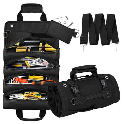 Tool Organizer Bag, Foldable Roll Up Bag Organizer w/ 2 Detachable Pouches, Heavy Duty Tool Storage Organization for Mechanic Carrying Toolbag, Dad Men Birthday Father Day, Gifts for Him (Black)