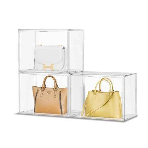 Purse Organizer for Closet, Clear Acrylic Display Case for Handbag Organizer, Stackable Purse Storage Box with Magnetic Door, Plastic Holder Containers for Book, Collectibles, Cosmetic 3 Pack